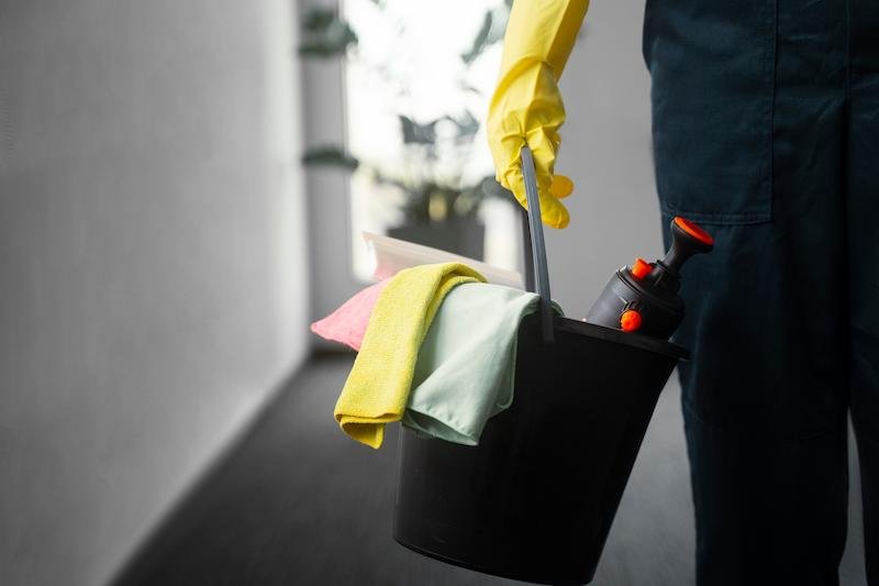 Operaria con guantes amarillos y un cubo con bayetas y pulverizador en un pasillo